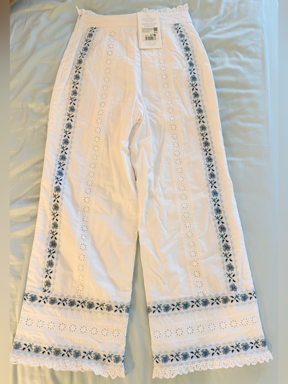 Brand New Sézane x Andión Geraldo Embroidered Trousers White Blue US 2 / 34
